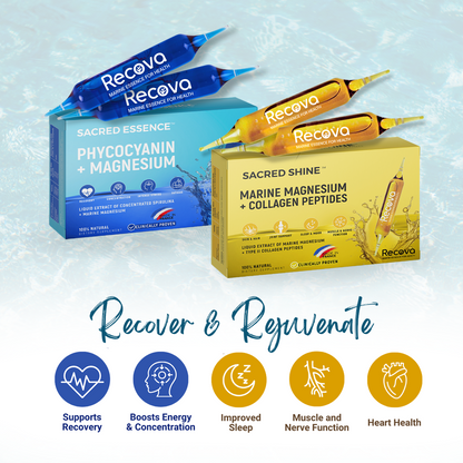 Recover and rejuvenate with clinically proven nutritional supplements which include marine magnesium, Phycocyanin from Spirulina and hydrolyzed type II collagen peptides.

Recova’s Bestseller Bundle Duo offers an effective recovery solution for muscle recovery, stress reduction, and enhanced vitality. A wellness product of Singapore, made in France, it combines premium ingredients in convenient ampoules and box packaging, perfect for those seeking science-backed nutritional support and a Complete Health Sup